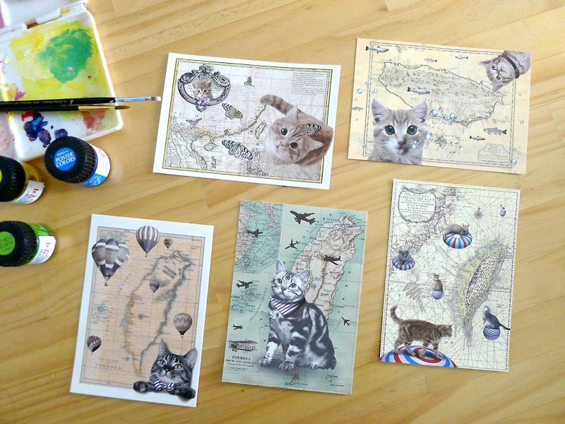 台灣地圖 敢做夢的貓 五款 明信片 - 卡片/明信片 - 紙 多色