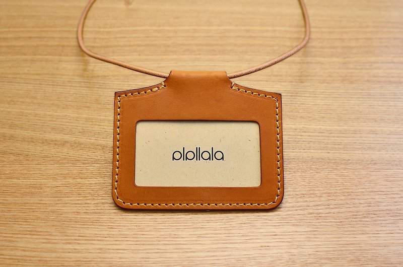 pipilala handmade leather vegetable tanned leather jacket horizontal identification card travel card vintage beige + brown stitching - ที่ใส่บัตรคล้องคอ - หนังแท้ สีนำ้ตาล