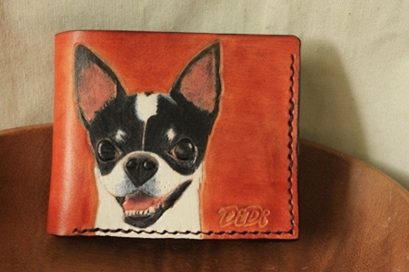 客製寵物狗兒肖像英國褐色純牛皮雙層短夾 (訂做情人、生日送禮) - 銀包 - 真皮 橘色