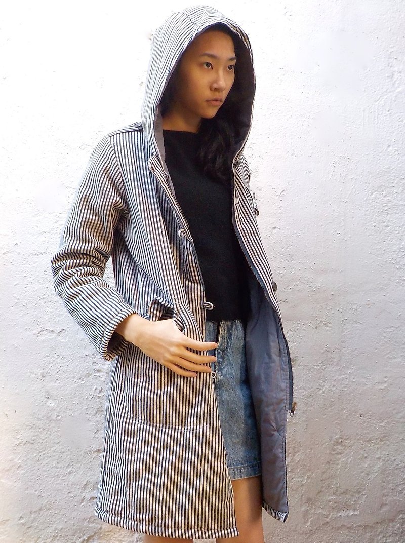 FOAK vintage blue stripe Bai Haijun Hoodie - Women's Casual & Functional Jackets - Cotton & Hemp Blue