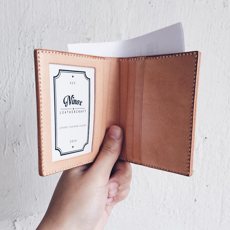 [NINOX] Handmade Leather Wallet Short Clip Silver Bags Send Print - Wallets - Genuine Leather Brown