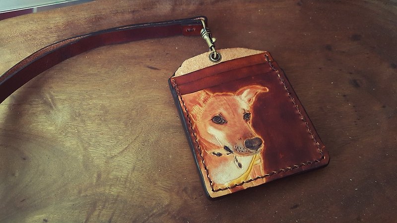 Exclusive custom pet dog portrait dark brown identification card (customized lover, birthday gift) - ID & Badge Holders - Genuine Leather Brown
