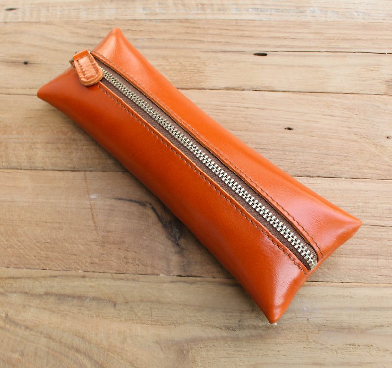Leather Pencil case - Flat - Orange (Genuine Cow Leather) / Pen case / Accessories Case - Pencil Cases - Genuine Leather 