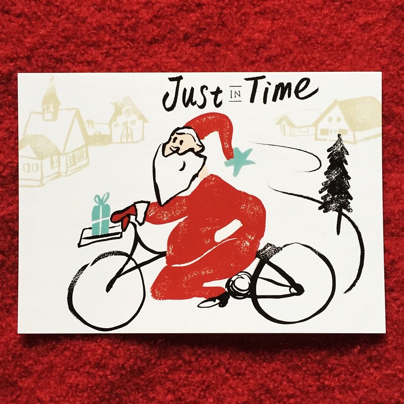 サンタクロース おじさんが町に行くジャストインタイム クリスマスポストカード - カード・はがき - 紙 レッド