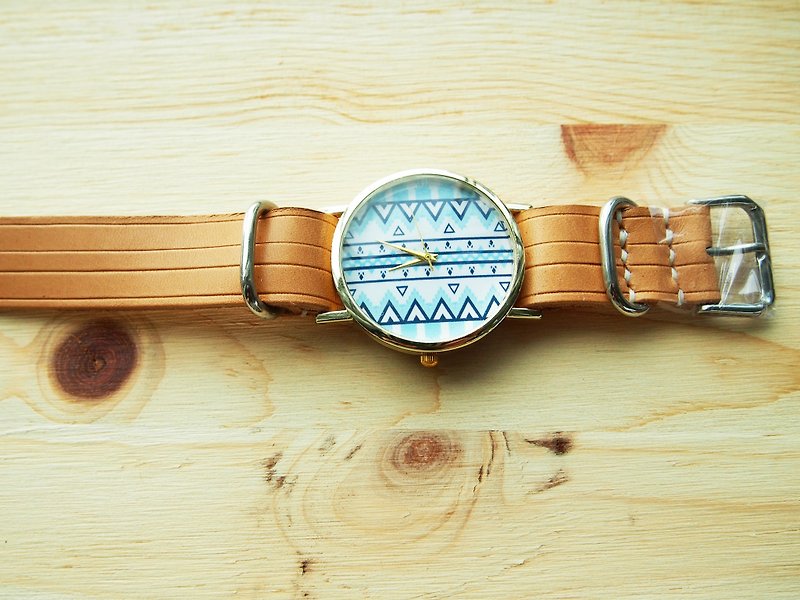 手工制作 植鞣皮制錶帶配藍色曲線條錶芯 - 女錶 - 真皮 
