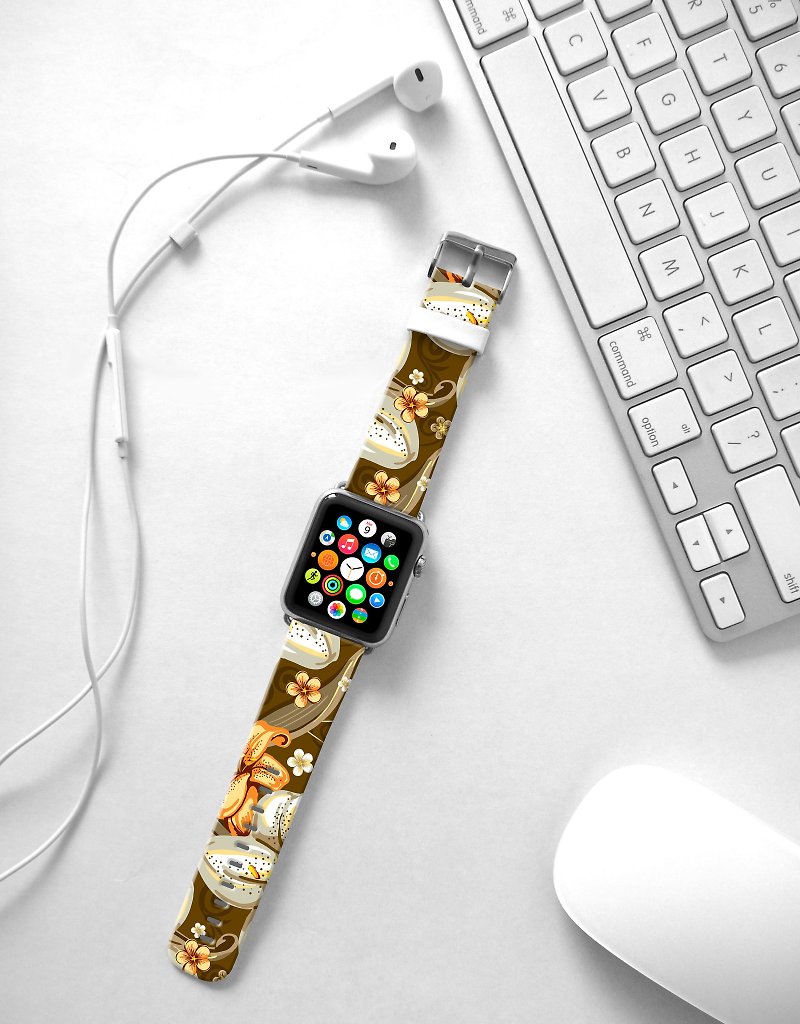 Apple Watch Series 1 , Series 2, Series 3 - Brown Lily Pattern Watch Strap Band for Apple Watch / Apple Watch Sport - 38 mm / 42 mm avilable - สายนาฬิกา - หนังแท้ 