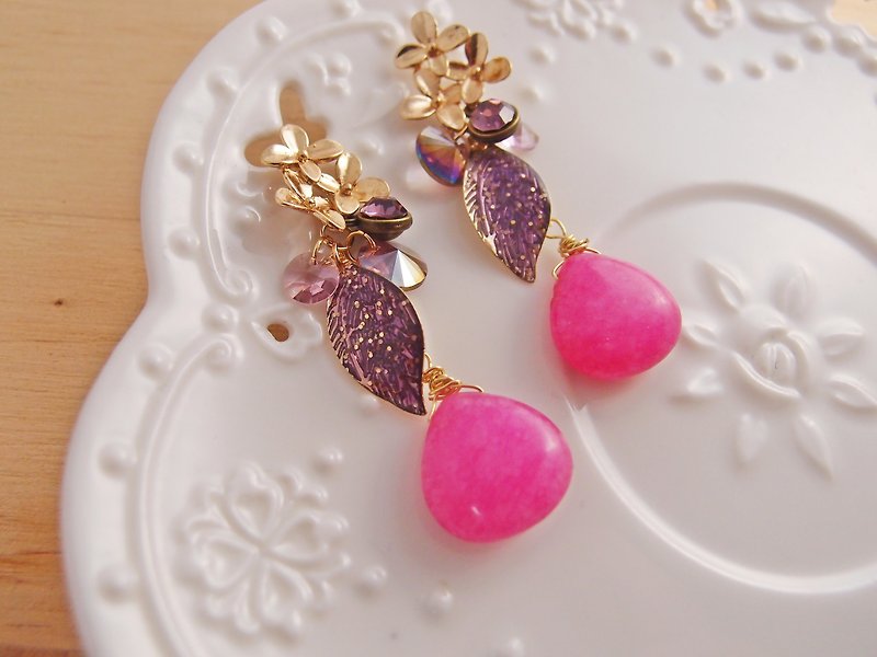 Florid forest [CR0137] natural stone leaf x x x rhinestone flower pin earrings clip earrings handmade creation /// - Earrings & Clip-ons - Other Materials Purple