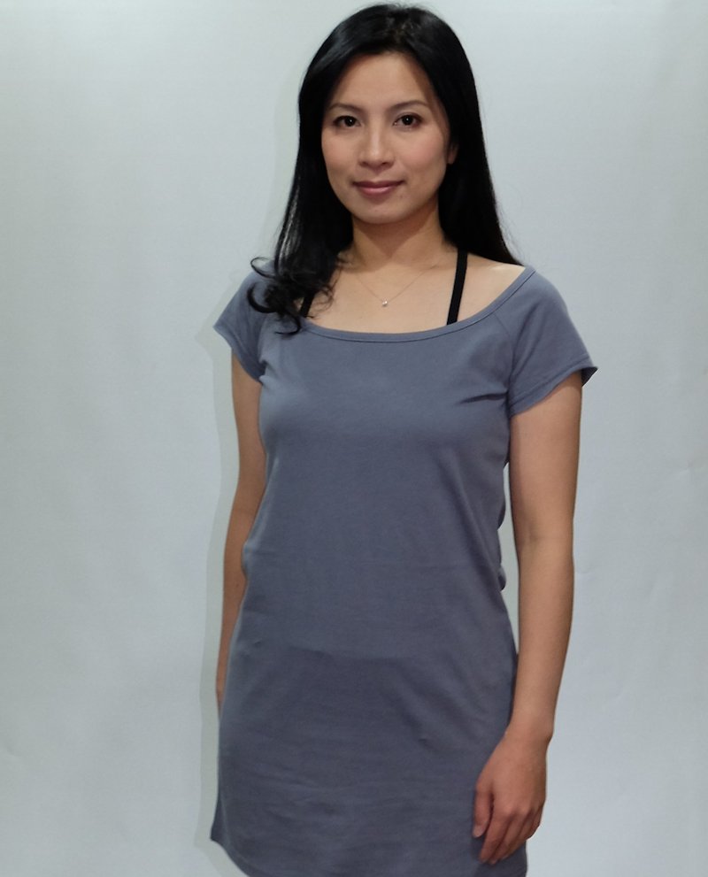 Gain Giogio 100% organic cotton (female) solid color wide collar long version T - เสื้อยืดผู้หญิง - ผ้าฝ้าย/ผ้าลินิน สีเทา