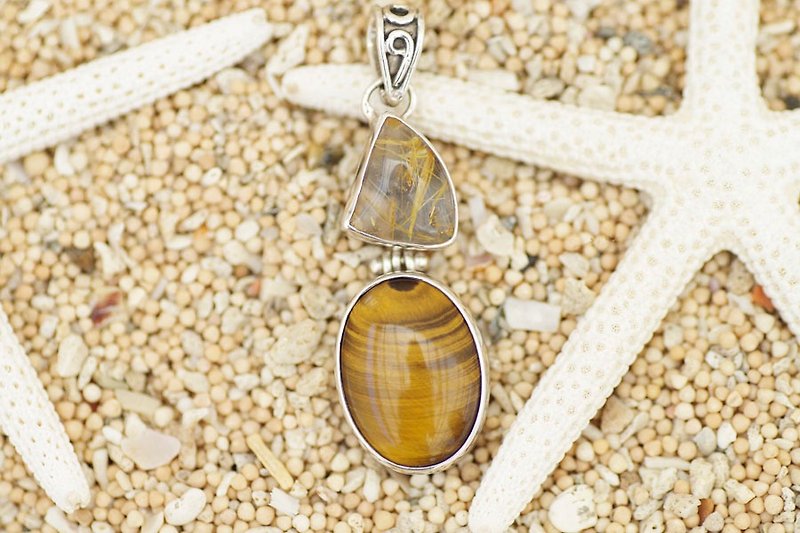 Rutile quartz and tiger eye pendant top - Necklaces - Gemstone Gold