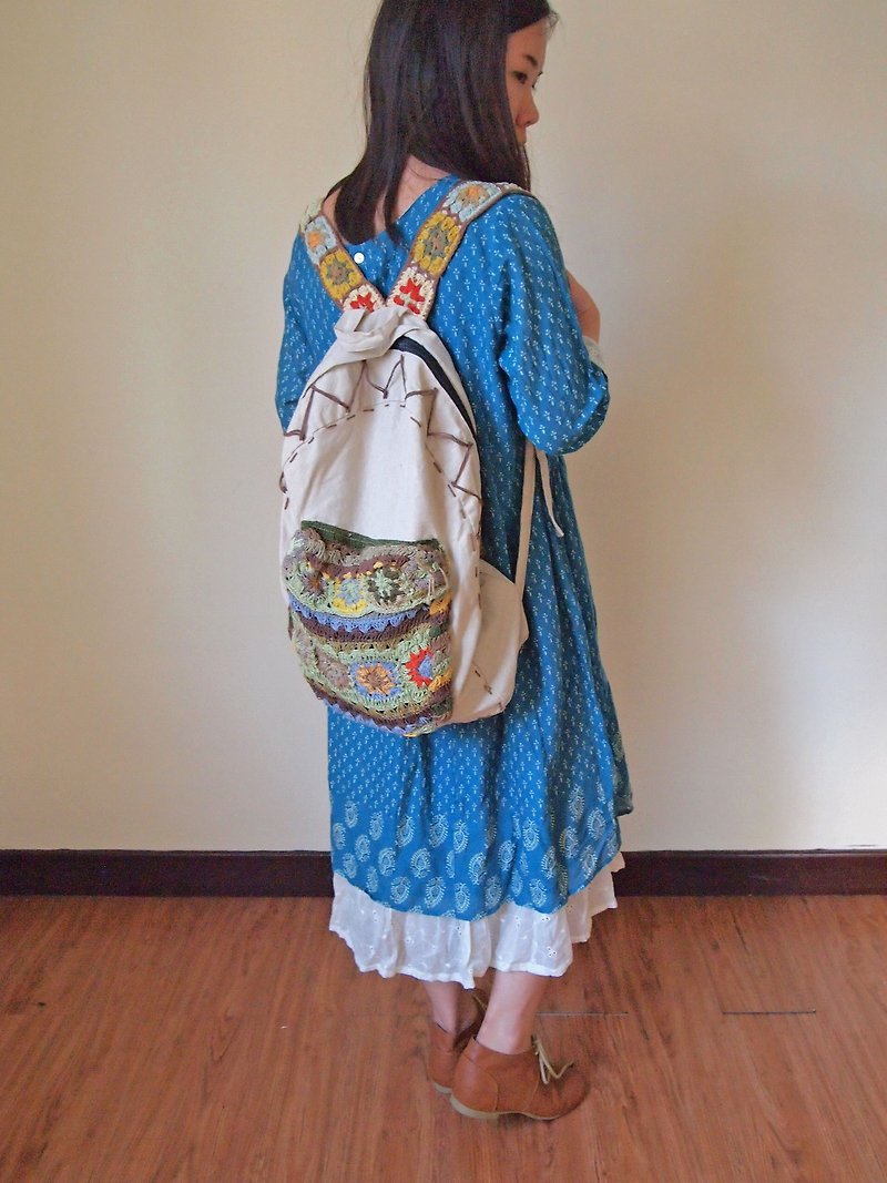 Japaindia文化彩色編織後背包-米色 - 背囊/背包 - 棉．麻 多色