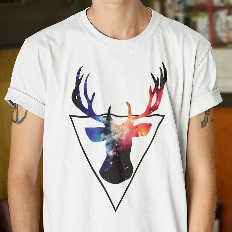 Triangle Deer 中性短袖T恤 白色 三角形鹿宇宙銀河系文青禮物 - 男 T 恤 - 棉．麻 白色