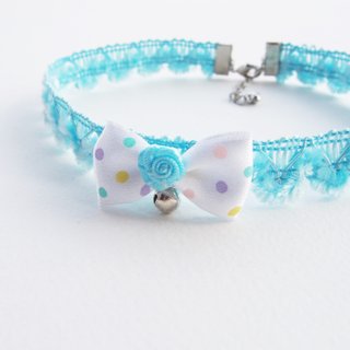 Blue lace choker / necklace with polka dot bow and silver bell.