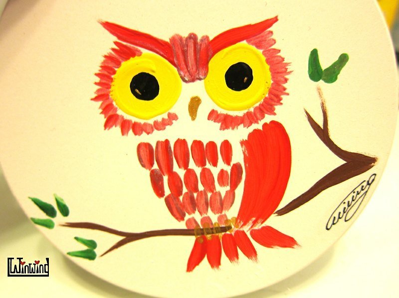 Little owl hand-painted wall decoration*absorbent coaster - ของวางตกแต่ง - วัสดุอื่นๆ สีแดง