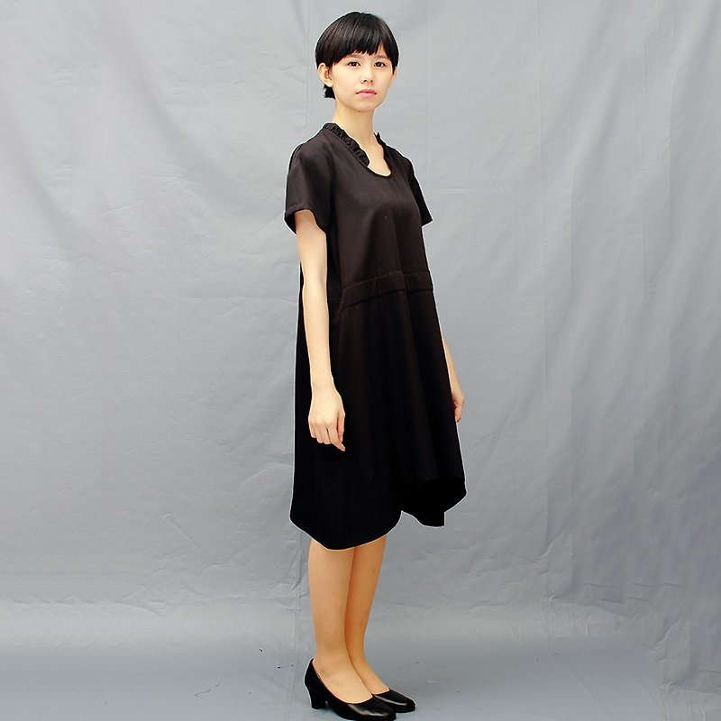 black cotton dress/Drawstring dress - ชุดเดรส - ผ้าฝ้าย/ผ้าลินิน สีดำ