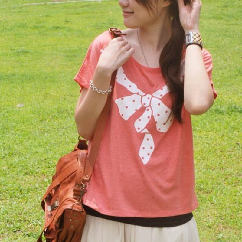 *Mori Shu* 水玉點點領結T-shirt(麻花紅色) - 女 T 恤 - 其他材質 紅色