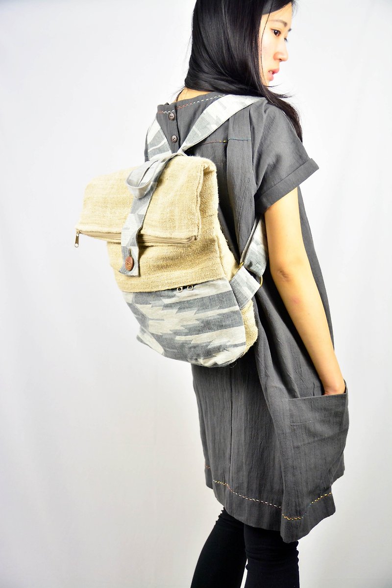 After the hand-woven gray arrow backpack _ _ fair trade - กระเป๋าเป้สะพายหลัง - ผ้าฝ้าย/ผ้าลินิน สีเทา