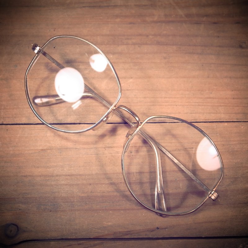 [Bones] early golden pentagon round frame glasses antique vintage copper metal glass vintage A3 - กรอบแว่นตา - โลหะ สีทอง