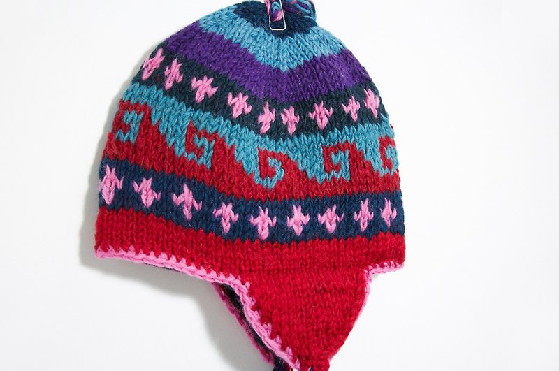 バレンタイン剛毛内の日の贈り物の手編みのウールの帽子/ハンドニットキャップ/フライトキャップ/編み帽子/ウールキャップ - 赤と青の幾何学模様風東欧（手作り限られたもの） - 帽子 - その他の素材 多色