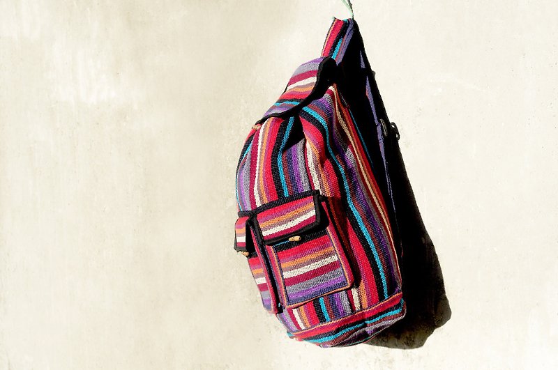 Mexican style shoulder bag boho canvas bag hand-woven feel after backpack-magic colorful gradient style - กระเป๋าเป้สะพายหลัง - ผ้าฝ้าย/ผ้าลินิน หลากหลายสี