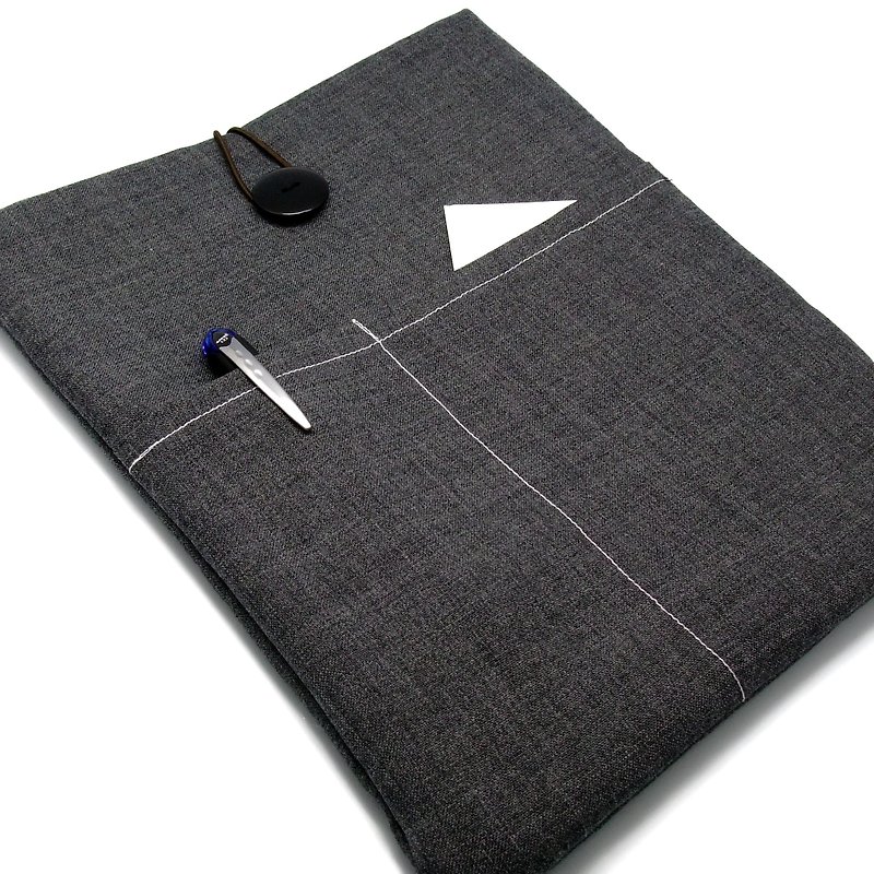 棉．麻 平板/電腦保護殼/保護貼 灰色 - iPad Air sleeve, iPad Case iPad Cover, Samsung galaxy tab 3 10.1 with 2 pockets 自家製平板電腦袋，布套 ，筆布包 (可量身訂製) - 深灰 (47)