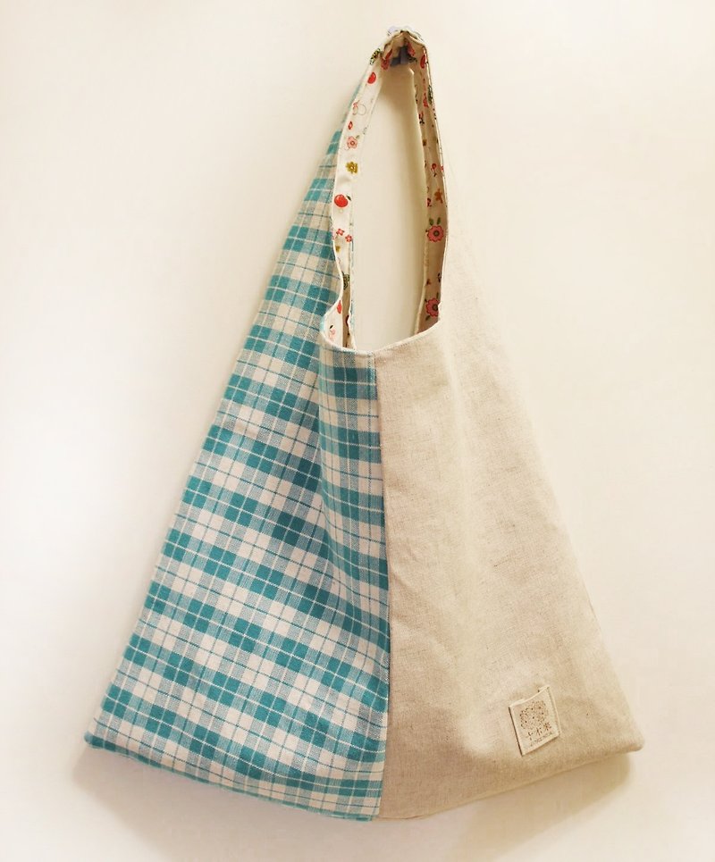 【十木米．Lorenza】簡單格子 布袋  附零錢包 - 側背包/斜背包 - 其他材質 藍色