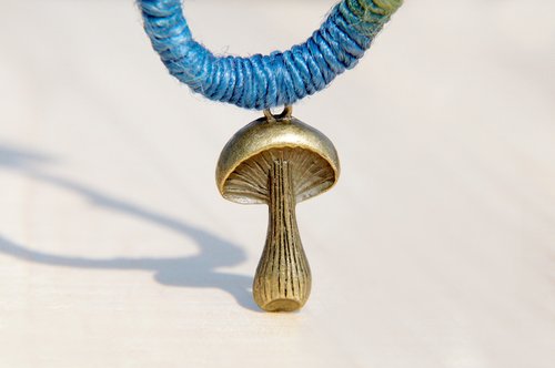 Limited edition handmade leather + cotton woven Linen necklace mushrooms - bronze tone