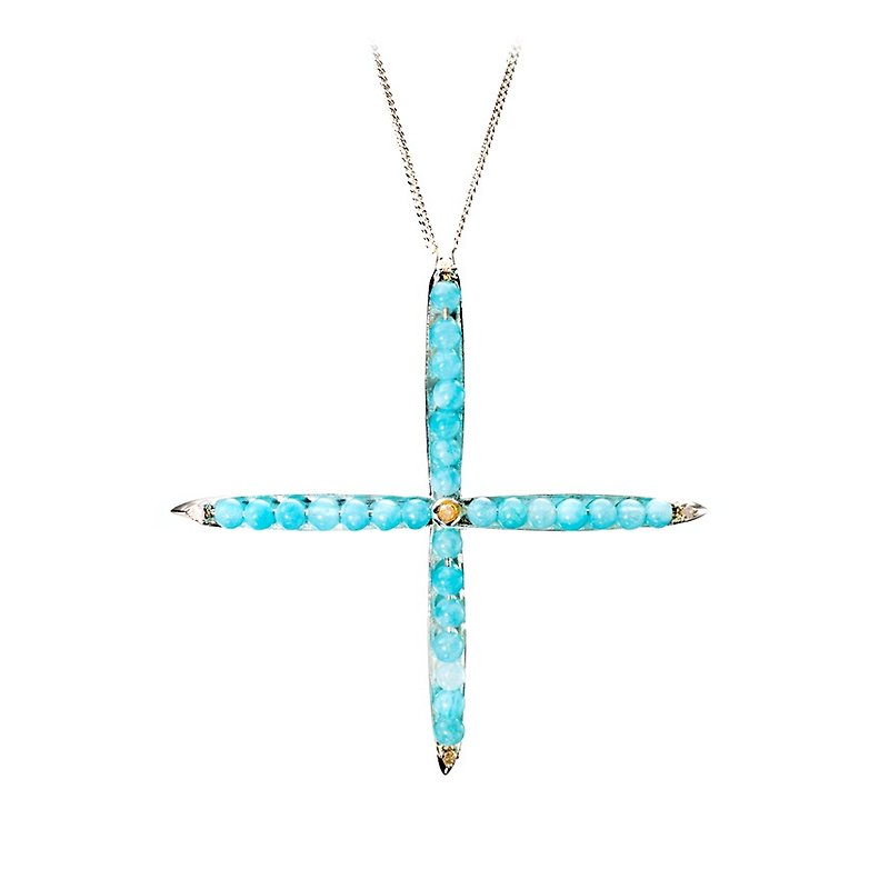Cool Stylized Large Cross Pendant in 925 Sterling Silver, Amazonite Moissanite - Collar Necklaces - Semi-Precious Stones Blue