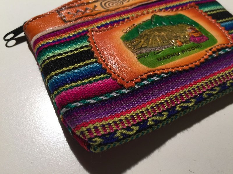 Peru colorful texture stitching leather personalized zipper bag-coffee orange - กระเป๋าสตางค์ - วัสดุอื่นๆ สีส้ม