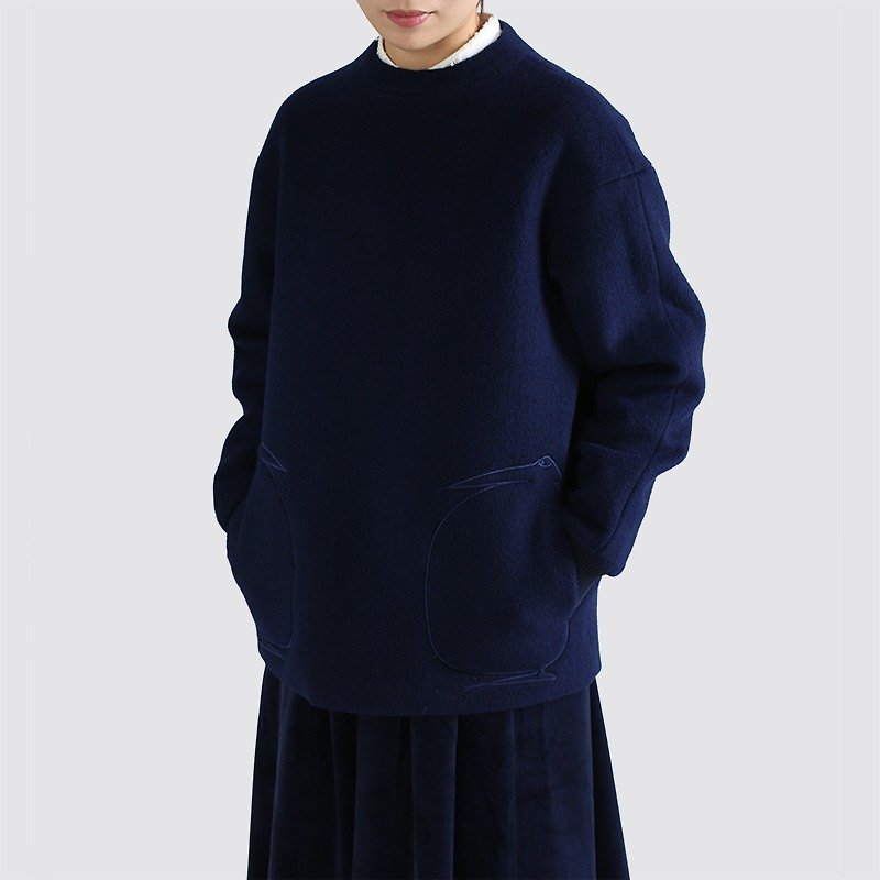 Penguin pocket embroidery round neck pure wool coat hedging - Women's Tops - Wool Blue