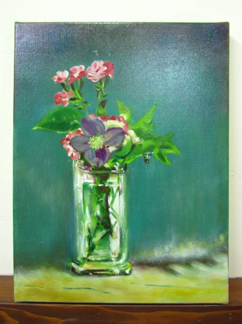 手繪油畫 水晶瓶內鐵線蓮Clematis in a Crystal Vase - 海報/掛畫/掛布 - 其他材質 綠色