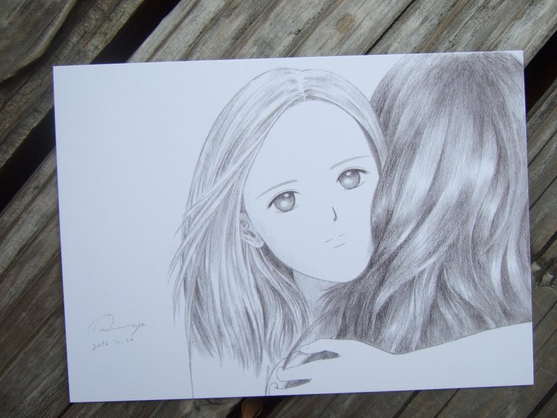 擁抱 女孩手繪黑白素描插畫明信片 肖像畫 人像畫人物畫 禮物卡片 - 卡片/明信片 - 紙 白色