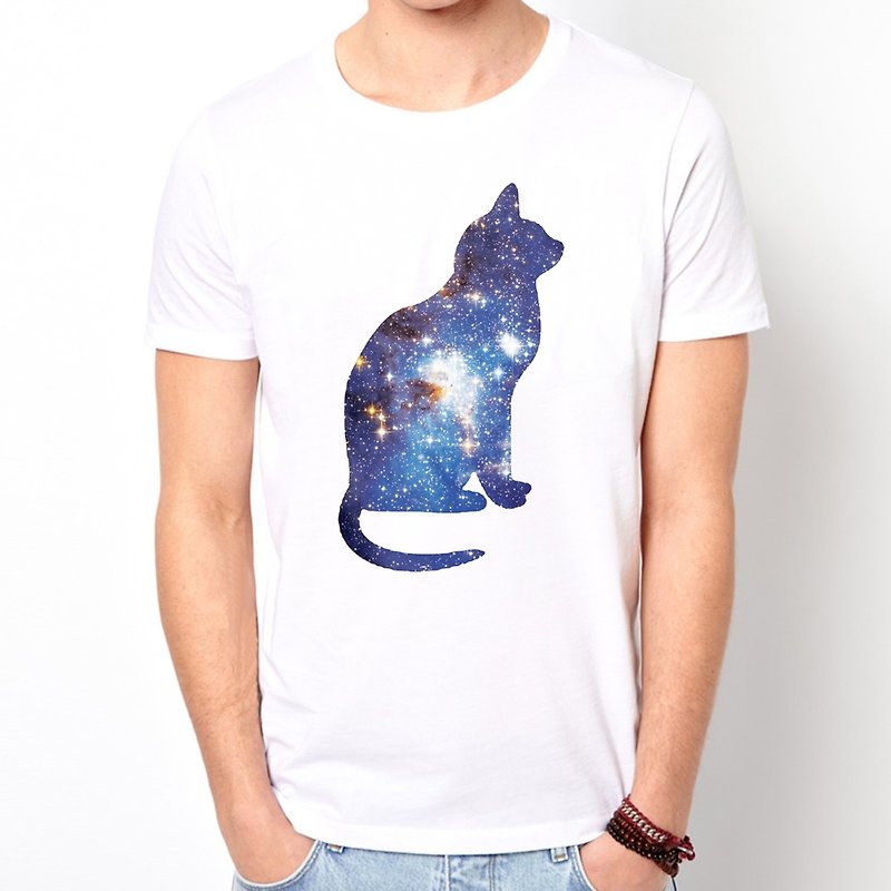 Cosmic Cat 短袖T恤 白色 貓咪喵星宇宙設計銀河系時髦文青禮物 - 男 T 恤 - 棉．麻 白色