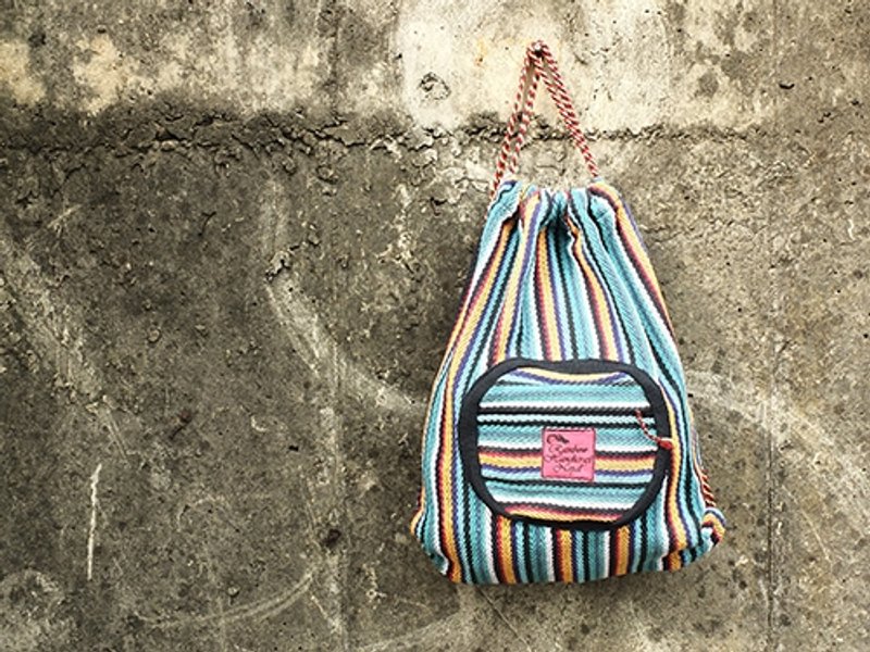 【Grooving the beats】Handmade Hand Woven Backpack / Draw String Bag（Blue） - Drawstring Bags - Other Materials Multicolor