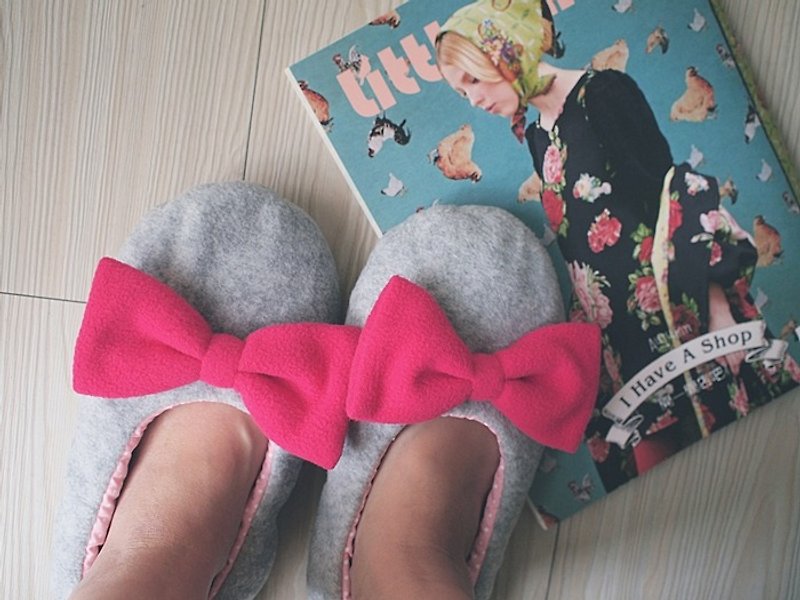 hairmo. Pink bow warm indoor slippers - gray bristles (pink bows) on the 10th delivery - รองเท้าแตะในบ้าน - กระดาษ สึชมพู