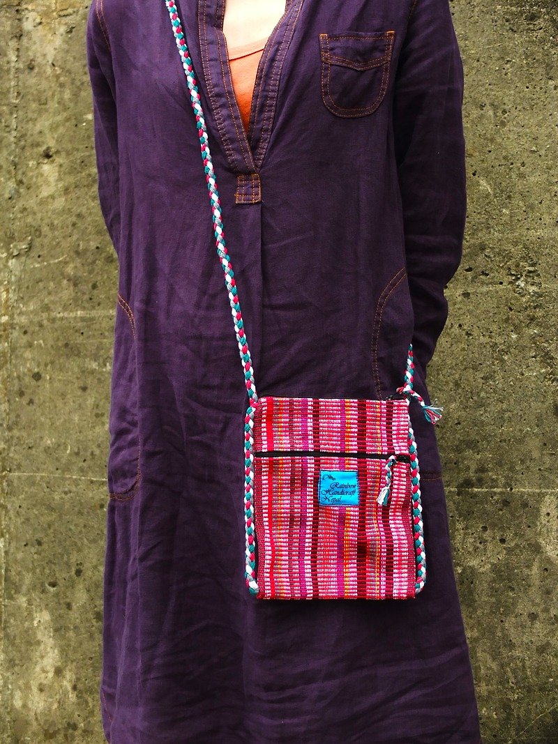<全台獨家手工編織>尼泊爾RHN側背包／護照包／萬用袋（粉橘／粉紫） - 側背包/斜背包 - 其他材質 橘色