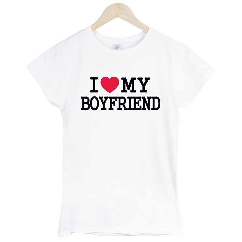 I Love My boyfriend short-sleeved T-shirt-White Valentine's Day and Tanabata couple design text - Women's T-Shirts - Other Materials White
