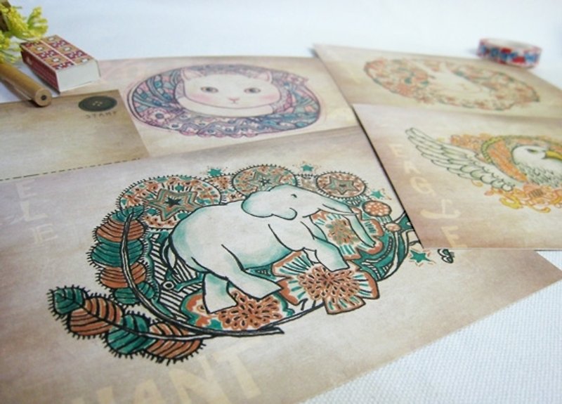 <秘境之生>明信片套組-4入(象、兔、貓、鷹) - 心意卡/卡片 - 其他材質 咖啡色