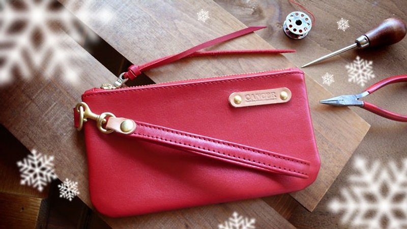 <隆鞄工坊> Clutch bag/wallet/mobile phone bag/cosmetic bag (red) - กระเป๋าคลัทช์ - หนังแท้ สีแดง