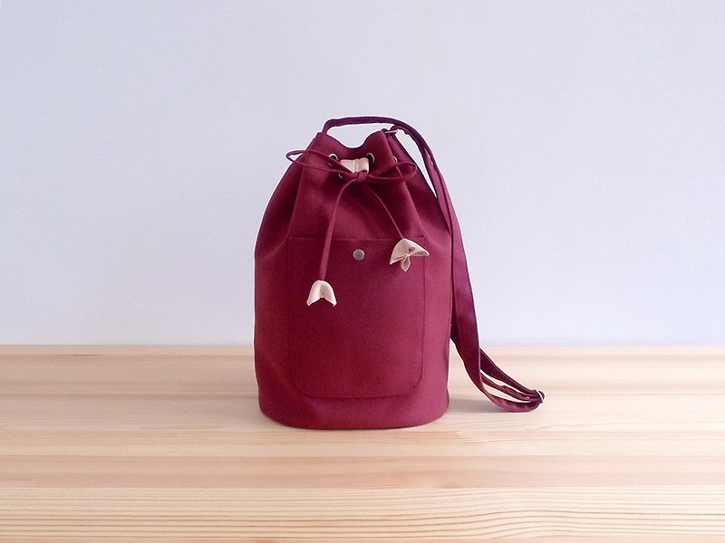Dark red cotton embellished with leather embellished mouth bucket shoulder bag - Messenger Bags & Sling Bags - Cotton & Hemp Red