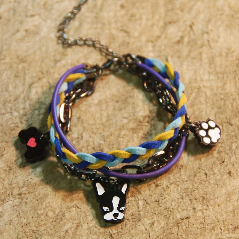 Bulldog / footprint + bone / hair child / multi-layered braided rope bracelet / - Bracelets - Acrylic Black