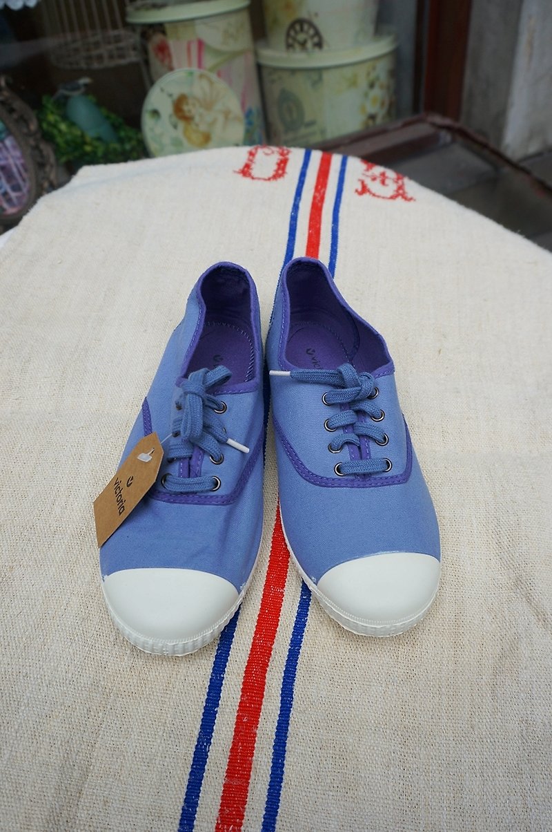 Victoria Spanish national handmade shoes - (lace models) gray blue AZUL (out of print) - รองเท้าลำลองผู้หญิง - ผ้าฝ้าย/ผ้าลินิน สีน้ำเงิน