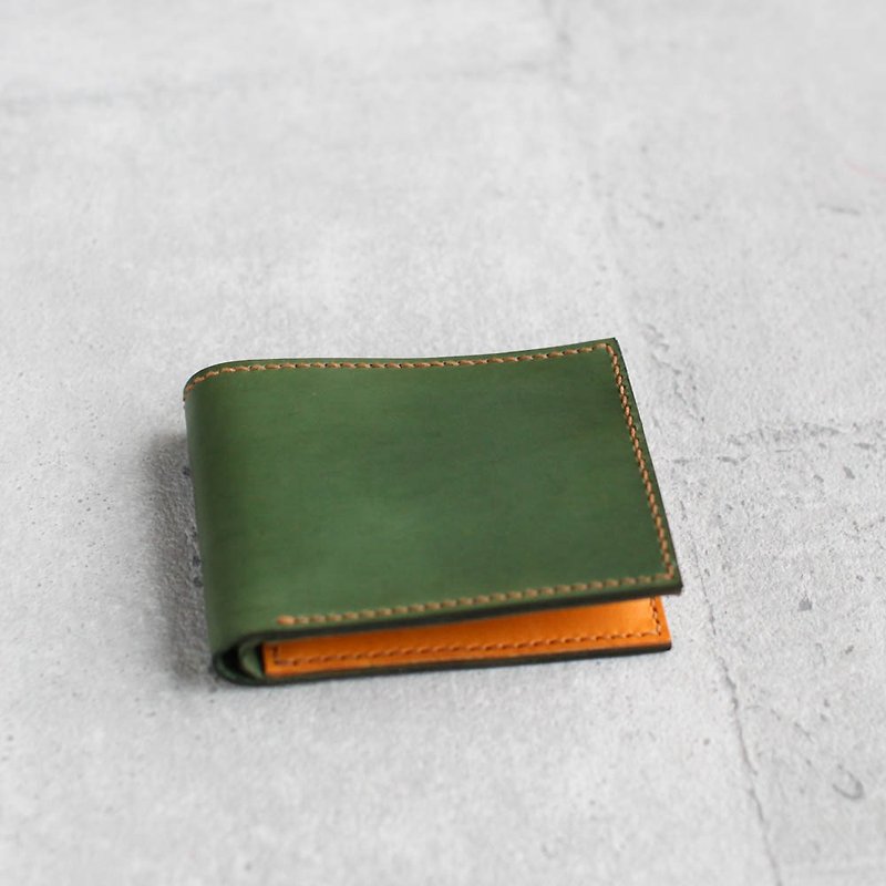 Handmade olive green/yellow leather Wallet/Card Holder - กระเป๋าสตางค์ - หนังแท้ สีเขียว