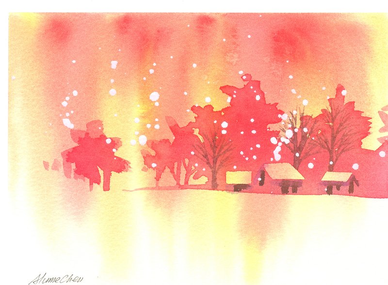 新年賀卡「療癒系樹林系列1-86」水彩手繪限量版明信片/賀卡 - 卡片/明信片 - 紙 紅色