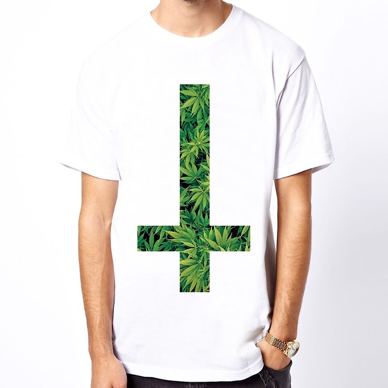 Inverted Cross-Cannabis 短袖T恤-白色十字架大麻葉宗教設計藝術 - 男 T 恤 - 其他材質 白色