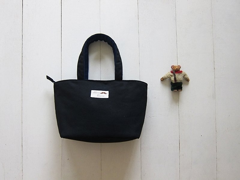 Dachshund Dog Zip Opening Canvas Tote Bag - Small (Black + Navy Blue) - กระเป๋าถือ - วัสดุอื่นๆ หลากหลายสี