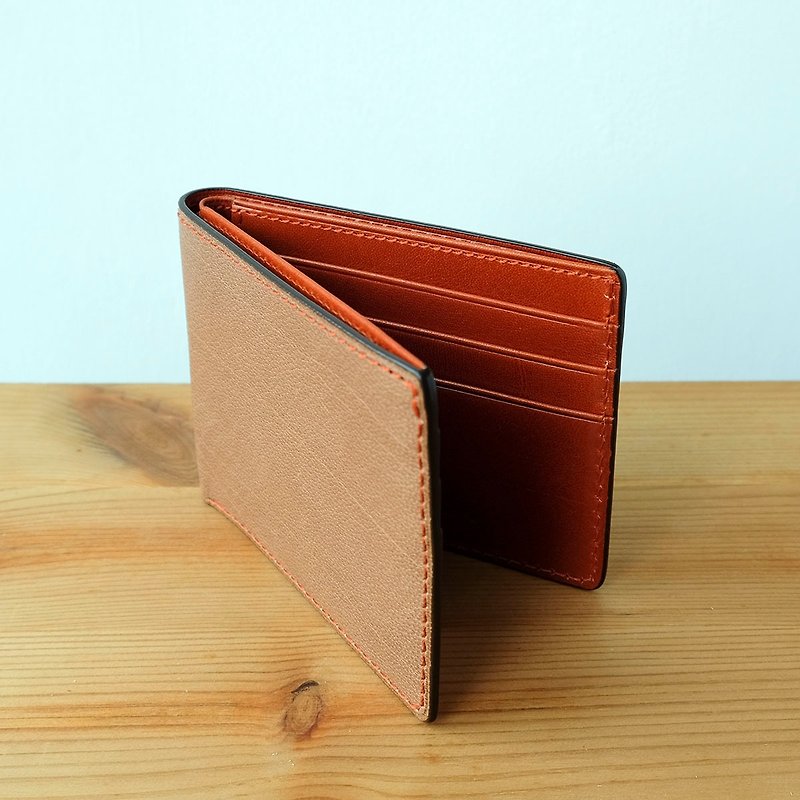 isni [6 cards Short Wallet] light brown & orange design/ Handmade leather - กระเป๋าสตางค์ - หนังแท้ สีกากี