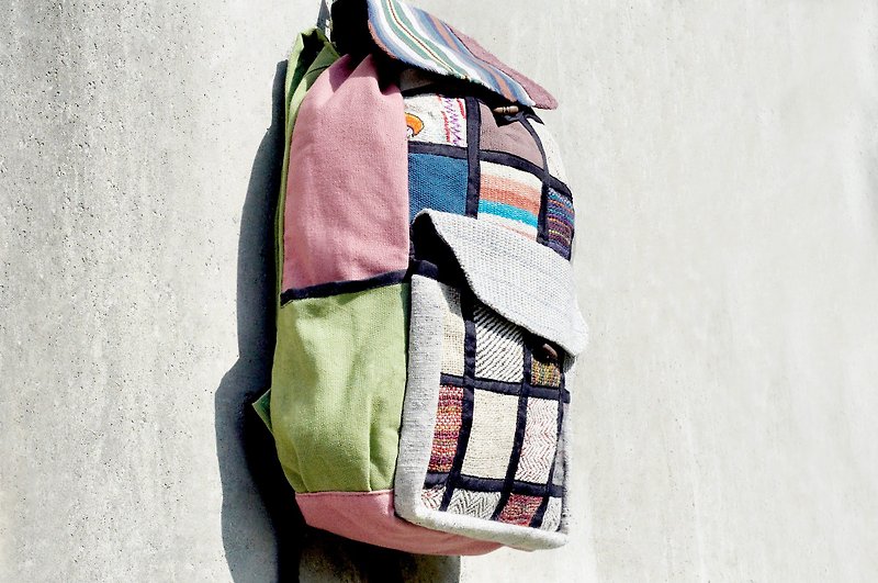 Valentine's Day gift ethnic feel after stitching knitted cotton Linen backpack / backpack / shoulder bag - natural Patchwork colorful sky - กระเป๋าเป้สะพายหลัง - วัสดุอื่นๆ หลากหลายสี