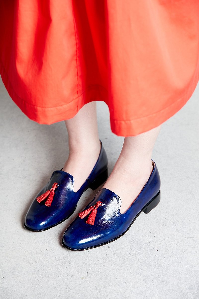HTHREE Fringe Loafers / Deep Blue / Tassel Loafers - รองเท้าลำลองผู้หญิง - หนังแท้ สีน้ำเงิน