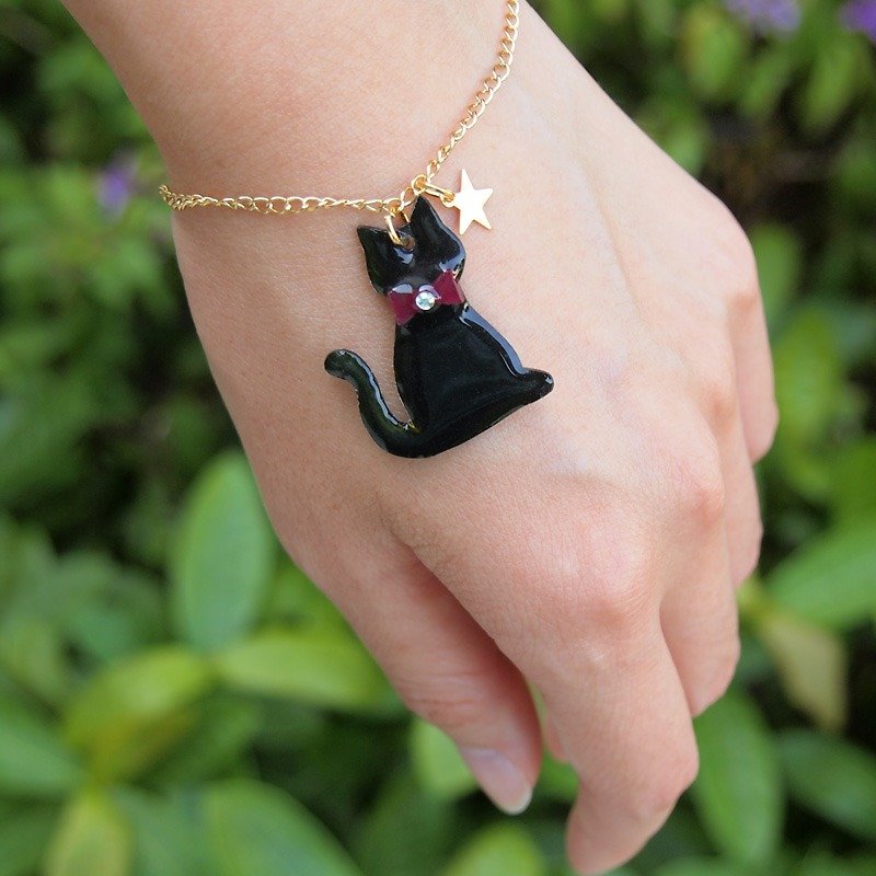 Meow - black cat and star bracelet - Bracelets - Plastic Black