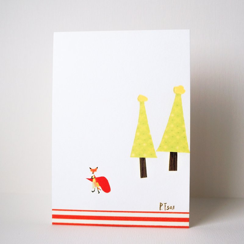 聖誕節 明信片 紙膠帶 手繪 森林裡的小狐狸 - 卡片/明信片 - 紙 多色